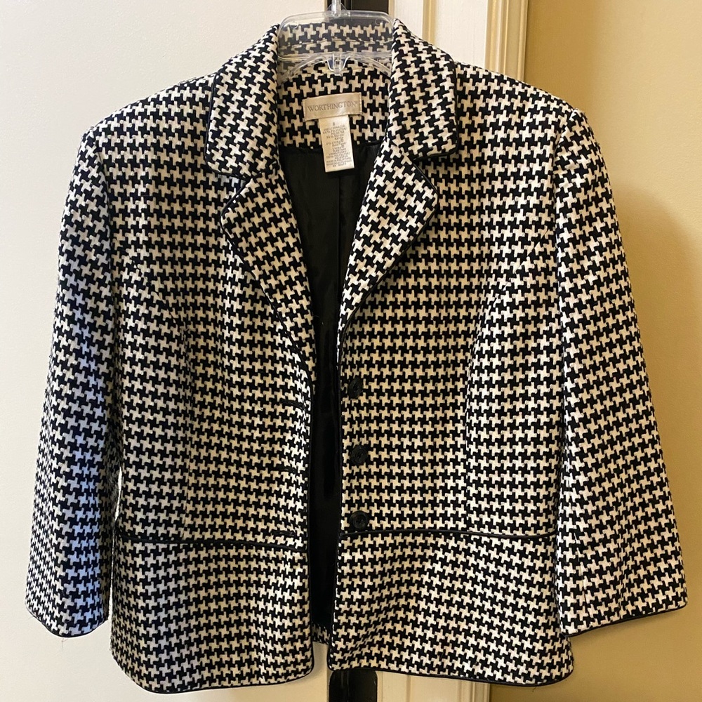 WORTHINGTON ruched sleeve peplum blazer jacket houndstooth pattern size 8